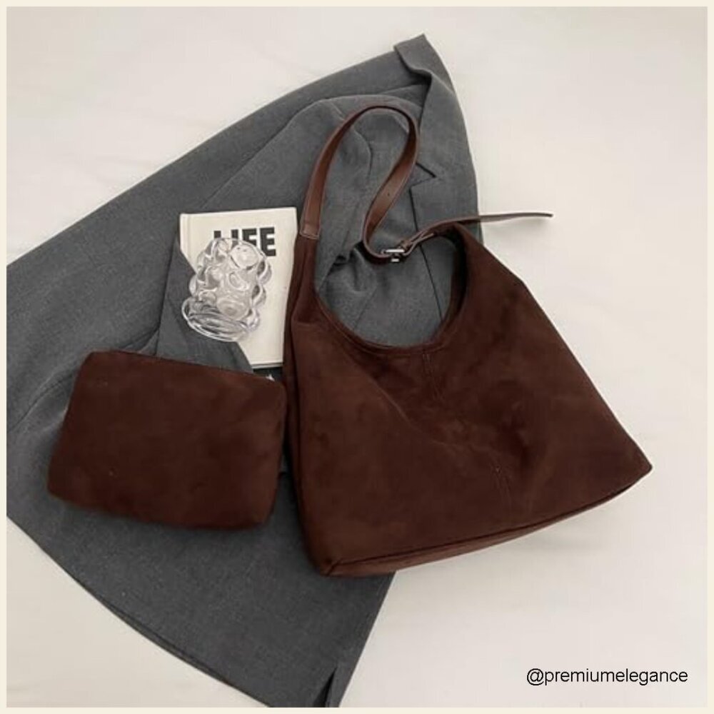 Large Faux Suede Hobo Tote Bag with Adjustable Strap and Pouch - Picture 3 of 7